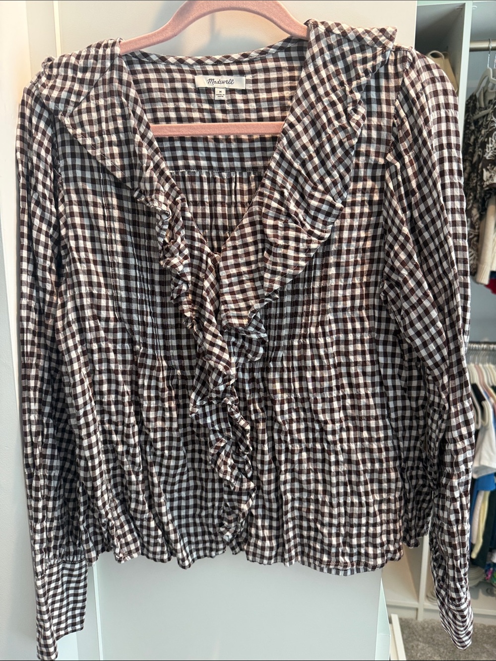 Madewell Brown and White Gingham Ruffle Blouse